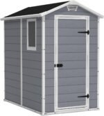 Keter Manor 4×6 Resin Outdoor Storage Shed Kit-Perfect to Store Patio Furniture, Garden Tools Bike Accessories, Beach Chairs and Lawn Mower, Grey & White