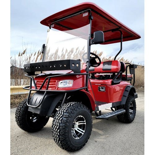 eMACHINE-RED_a_d3a38c72-fc37-4dce-b8cd-c913c394338a.jpg New 48v Electric Golf Cart Lifted & Loaded eMACHINE – RED Street Ready Light Package & Flip Seat - Image 1